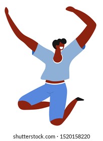 Homem pulando no ar alegremente, sentindo-se e emocionado, cara africano com mãos para cima, isolado vetor de personagem. Felicidade, liberdade e movimento, jovem africano sorridente. Garoto feliz, positivo e alegre