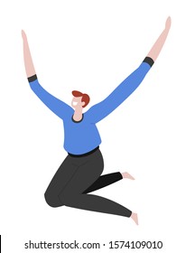 Man jumping in the air cheerfully, feeling and emotion, barefooted guy with hands up, isolated character vector. Happiness, freedom and motion, smiling young male person. Happy, positive, joyful boy