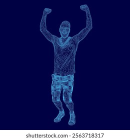 Man is jumping in the air with his arms raised. The image is in blue and the man is the main focus