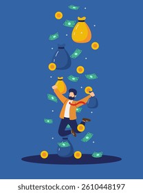 A man is jumping in the air with a pile of money and bags. The man is wearing a tie and he is celebrating his success. Concept of excitement and accomplishment