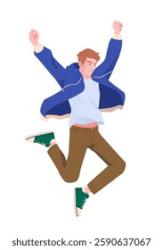 Man jumping with arms raised in celebration, cartoon style, on white background. Concept of success, victory, and happiness. Vector illustration