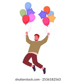 Man jumping with balloons. Cartoon male character with colorful helium balloons in hands flat vector illustration. Cheerful guy floating with air balloons