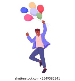 Man jumping with balloons. Happy jumping male character with helium balloons in hands flat vector illustration. Cartoon guy floating with balloons