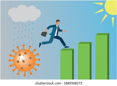 Man jumping to better life after new Corona pandemic. Vector illustration.