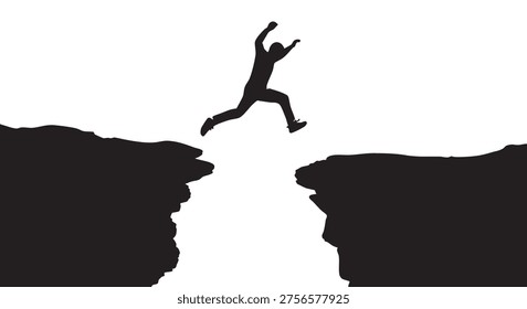 Man jumping between cliffs, silhouette, action, isolated
