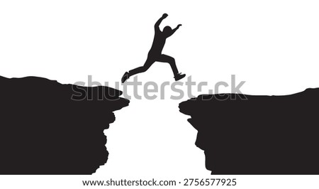 Man jumping between cliffs, silhouette, action, isolated