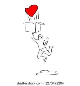 man jumping to the box with red heart vector illustration sketch doodle hand drawn with black lines isolated on white background