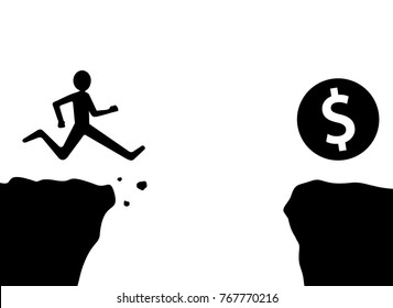 man jumping of cliff to grab dollar coin, black and white 