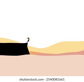 Man jumping from cliff into abstract pink ocean or desert. Outdoor Adventure Lifestyle. Summer Fun.