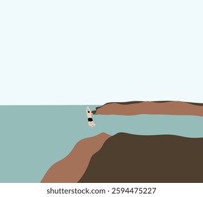 Man jumping from the cliff into the sea. Outdoor extremes activity on holiday vacation travel in nature.