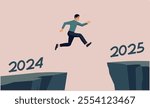  man jumping from a cliff with the words 2024 written on it to a cliff with the words 2025 written on it. Symbolizing the transition the new year, hope, and determination to face the challenges ahead.