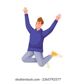 Man jumping to dance, falling down in air vector illustration. Cartoon isolated male hipster dancer character dancing energetic dance with arms raising upwards, guy in blue sweater flying and smiling