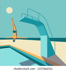 Man jumping from diving board into the water
