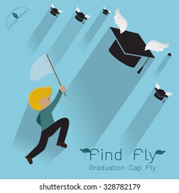 Man jumping to find graduation cap flying Poster Vector Background