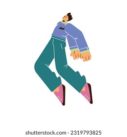 Man jumping or flying in the air, flat vector illustration isolated on white background. Free person floating. Concepts of dreams, freedom, inspiration and happiness.