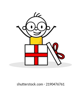 Hombre saltando de la caja de regalo. Caricatura de Navidad. Ilustración aislada del material vectorial.