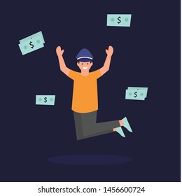 a man jumping in group of flowing cash
