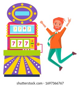 Man jumping of happiness vector, isolated redhead male winning money in casino. Slot machine with lucky sevens, gambling. Chance of gambler gesturing