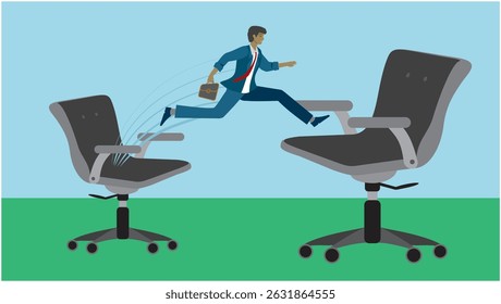 Man jumping to higher position. Big jump from chair to chair. Career and changing job. Dimension 16:9. Vector illustration.