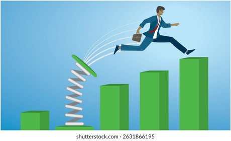 Man jumping to higher position and growth. Successful business. Dimension 16:9. Vector illustration.