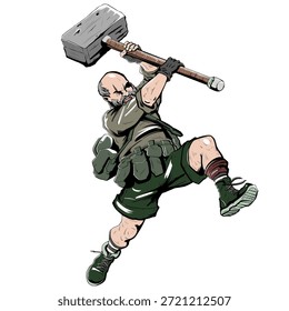 homem pulando em uma grande ilustração de martelo