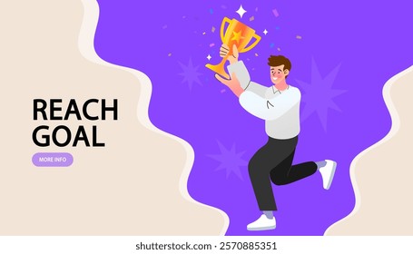 man jumping holding trophy. golden cup and confetti. Business team achievements. Get reward and celebrate. the first , number 1, winning