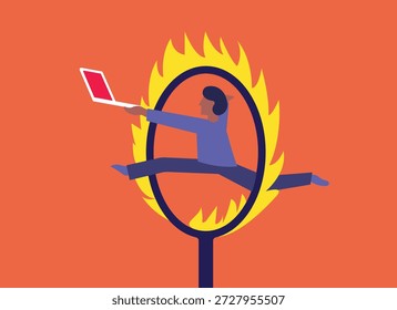 Man jumping inside a circus fire loophole and working on a laptop, workaholic illustration