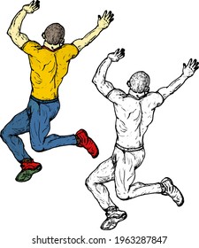 Man jumping into the air waving his hand. Hand drawn vector illustration.