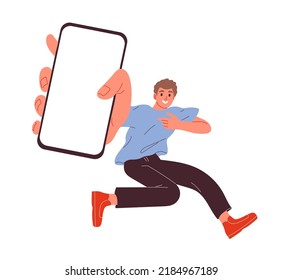 Man jumping with mobile phone, mobile app on white screen