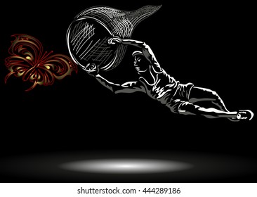 man jumping with a net catching a butterfly on a dark background