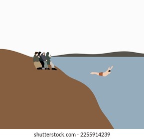 Man jumping off cliff into the sea his friend taking photo on the rock. Summer fun adventure lifestyle