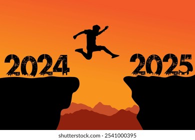 Man jumping on 2024 to 2025 Happy new year jump 2025 banner vector.