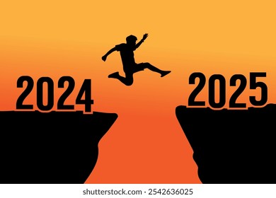 Man jumping on 2024 to 2025 Happy new year jump 2025 banner vector.