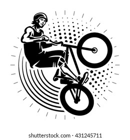 Man jumping on bmx bike performing a stunt. Sport illustration in the engraving style