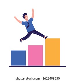 man jumping on graphic bar chart over white background, vector illustration