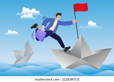 Man Jumping On Paper Boat. Businessman Escape From Sinking Paper Ship. Concept Business Vector Illustration.