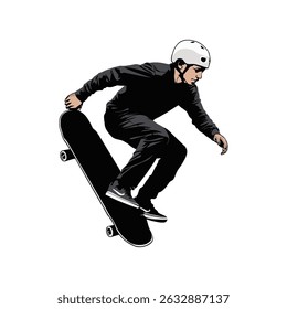 Man jumping on a ride skateboard vector art illustration