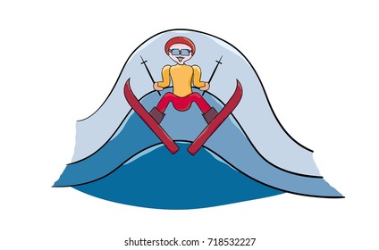 Man jumping on skis and hills behind. Winter sport. Cartoon illustration.
