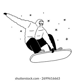 Man jumping on snowboard vector illustration for winter sports action and snow recreation activity. Person enjoys extreme winter sport doodle line art monochrome style