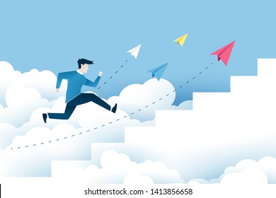 A man is jumping on the stairs, steps to success. Business ideas design in EPS10 vector illustration.