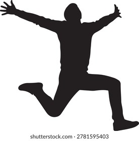Man jumping with open arms silhouette celebrating success and freedom, black vector illustration of happy person leaping in air isolated on white background for motivational design.