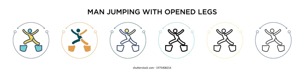 Man jumping with opened legs icon in filled, thin line, outline and stroke style. Vector illustration of two colored and black man jumping with opened legs vector icons designs can be used for