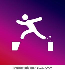 Man jumping with opened legs from one point to other icon vector illustrator creative design purple and pink gradient background