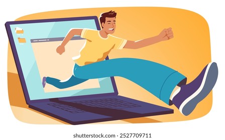 Hombre saltando de la pantalla del ordenador portátil. Sonriente personaje de dibujos animados de chico joven saltando de la computadora en línea. Comunicación virtual a distancia, concepto de tecnología de Internet Ilustración vectorial plana