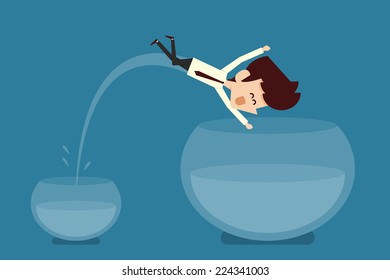 Man jumping out of smaller fishbowl 