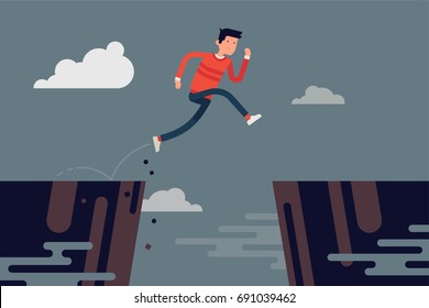 Man jumping over abyss. Cool vector concept illustration on overcoming obstacles with casually clothed running man jumping over abstract precipice