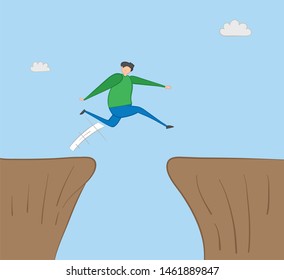 Man jumping over abyss, hand drawn vector illustration. Color outlines and colored.