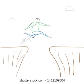 Man jumping over abyss, hand drawn vector illustration. Color outlines and white background.