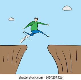Man jumping over abyss, hand-drawn vector illustration. Black outlines and color.