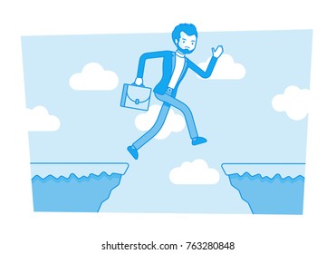 Man jumping over the abyss. Undertaking life-threatening actions to earn and get much more, investing with danger into startup, risky money making ideas. Vector business concept line art illustration